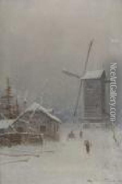 Windmill In Winter Oil Painting - Nils Hans Christiansen