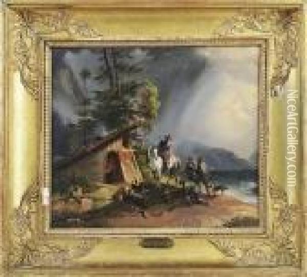 La Curee Devant Une Cabane Aupres D'un Etang Oil Painting - Friedrich Gauermann