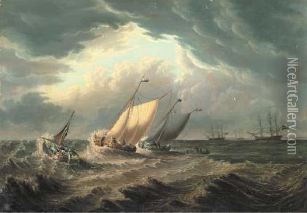 Dutch Fishing Boats Off The Coast With Other Shipping In Thedistance Oil Painting - Thomas A. Binks