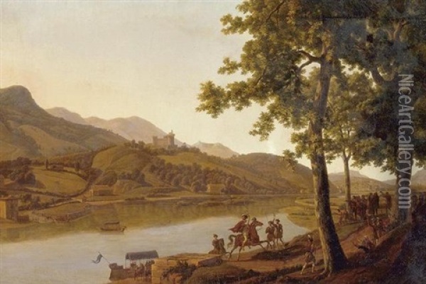 Nobles Disembarking Along The Banks Of A River Oil Painting - Alexandre Louis Robert Millin Du Perreux