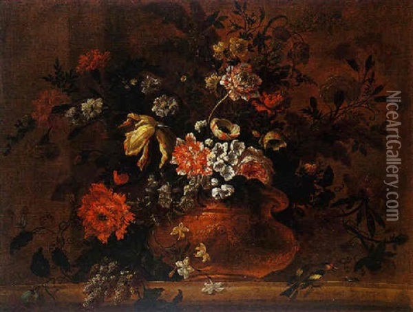 Vase De Fleurs Sur Un Entablement: Pavot, Anemone Double, Oeillets, Tulipe Et Jasmins Oil Painting - Claude Nicolas Huilliot