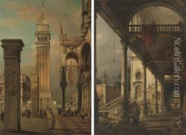 A Celebration Before The Campanile; And A Venetian Palace Oil Painting - Francesco Zanin