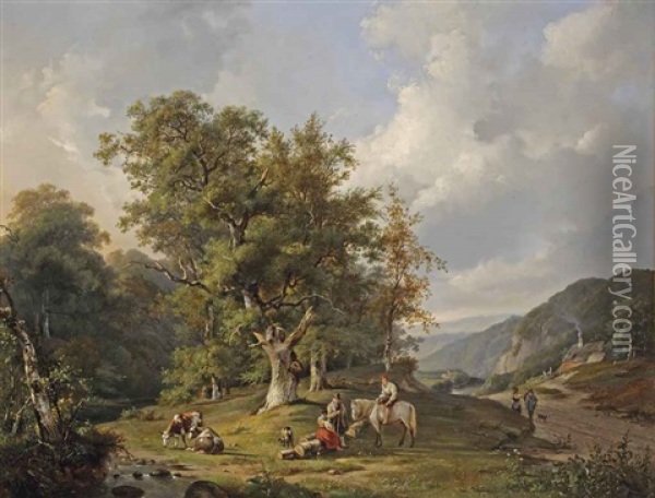 A Wooded Landscape With Figures Resting Near A Stream Oil Painting - Frans Breuhaus de Groot
