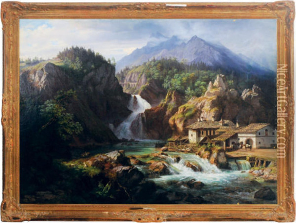 Waterfall Running Through A Mountainous Landscape Oil Painting - Eduard Agricola