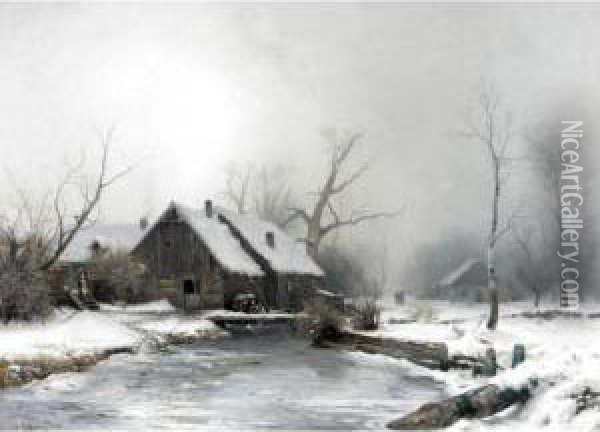 A Farmstead In A Snowy Landscape Oil Painting - Gustaf Rydberg
