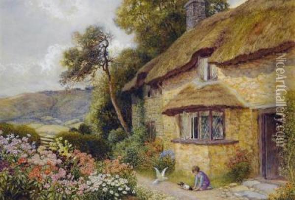 Feeding Pigeons At The Cottage Door Oil Painting - Arthur Claude Strachan