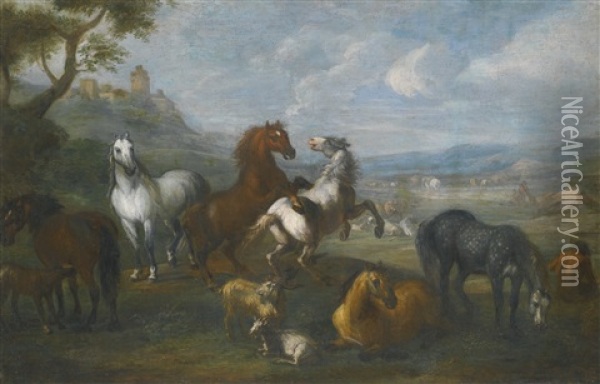 Horses Frolicking In A Pastoral Landscape Oil Painting - Pieter van Bloemen