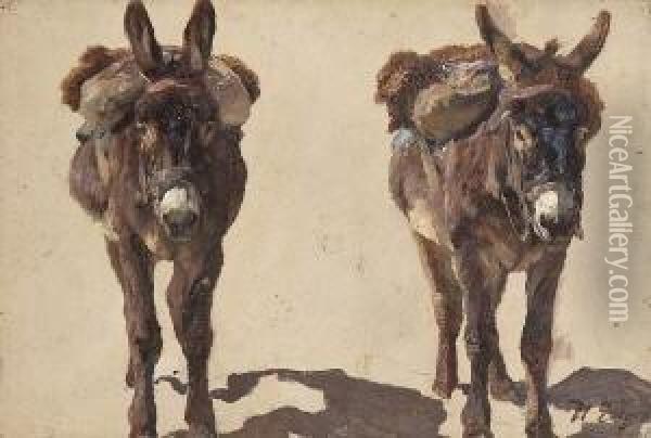 Zwei Bepackte Esel. Oil Painting - Heinrich Johann Von Zugel