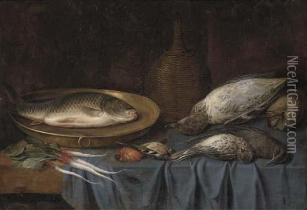 Dead Birds, A Fish On A Copper 
Platter, A Bottle Of Wine And Rootvegetables On A Draped Table Oil Painting - Sebastien Stoskopff