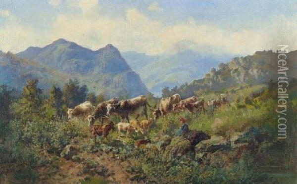Mountain Landscape With Goats And Young Herdswoman. Oil Painting - Ambrogio Preda