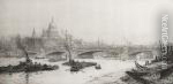 Blackfriars Bridge With The St Paul's Beyond Oil Painting - William Lionel Wyllie
