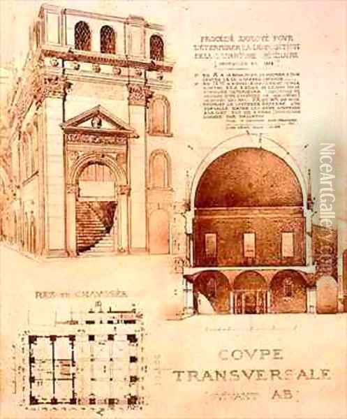 Plan Cross Section and Elevation of the Loggia or Palazzo del Commune Brescia Italy Oil Painting - Duquesne, Eugene