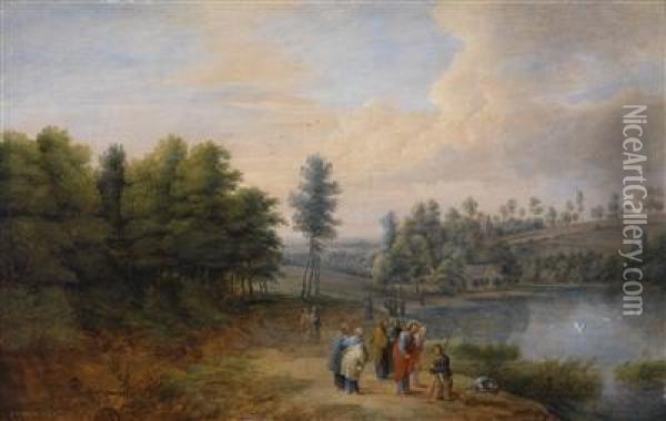 Landscape With Christ Healing The Blind Accompanied By The Twelve Apostles Oil Painting - Lucas Van Uden