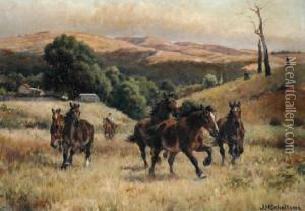 Running Horses Oil Painting - Jan Hendrik Scheltema