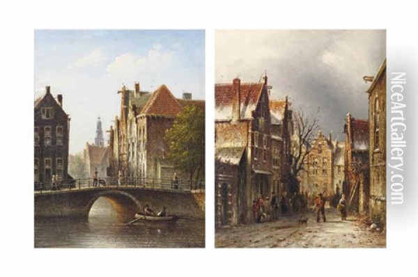 Canal Rokin, Amsterdam; And A View Of Harlem Oil Painting - Johannes Franciscus Spohler
