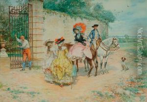 A Riding Party Outside A Walled Garden Oil Painting - Lucius Rossi