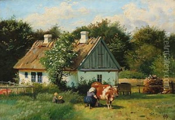 A Cow Is Milked Oil Painting - Olaf August Hermansen