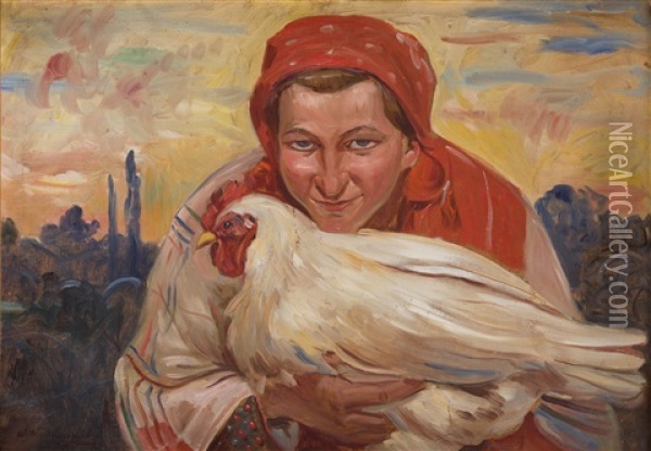 Woman With Hen Oil Painting - Wincenty Wodzinowski
