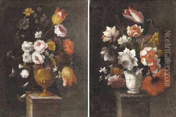 Tulips, Roses, Carnations, Morning Glory, Narcissi And Other Flowers On An Urn On A Plinth Oil Painting - Bartolome Perez