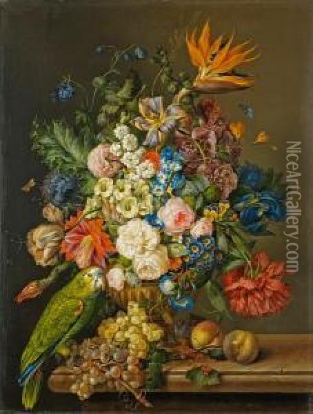 A Still Life Of Roses, Tulips, A
 Bird Of Paradise, And Other Flowers In An Urn, Beside A Green Parrot, 
Grapes And Peaches On A Marble Ledge; Also Oil Painting - Franz Xaver Petter