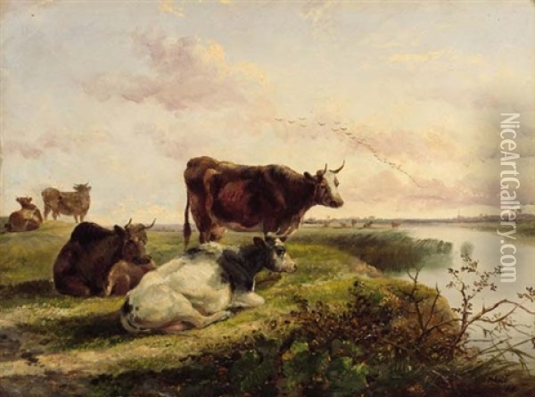 Cattle On A Riverbank Oil Painting - William M. Hart