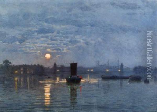 The Thames At Night Oil Painting - William Simpson