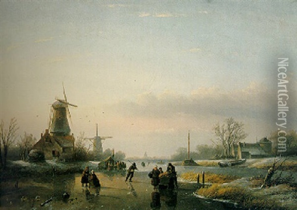Skaters On A Frozen Lake Oil Painting - Andreas Schelfhout