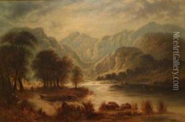 Figure In A Mountain River Landscape Oil Painting - Henry Williams