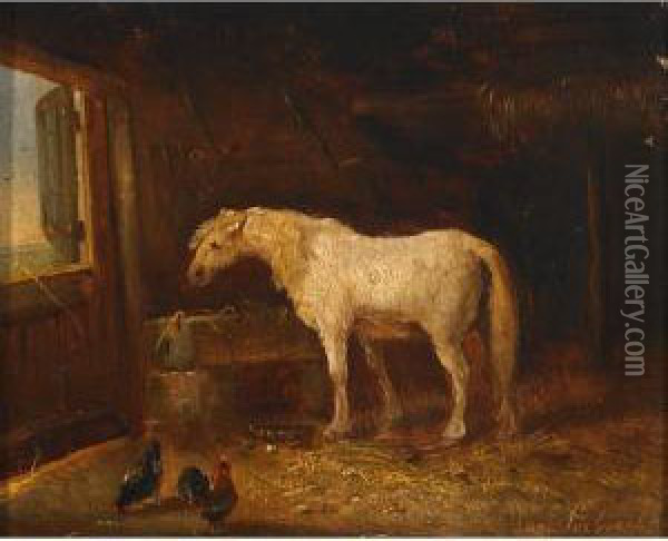 Horse And Poultry In A Stable Oil Painting - Eugene Verboeckhoven