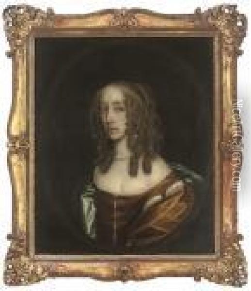Portrait Of A Lady, Half-length, In A Brown Dress With A Blue Wrap,in A Feigned Oval Oil Painting - Sir Peter Lely