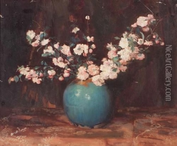 Apple Blossoms In A Turquoise Ginger Jar Oil Painting - Frans David Oerder