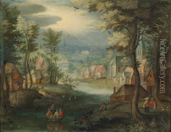 River Landscape With A Village And Peasants Oil Painting - Pieter Gysels
