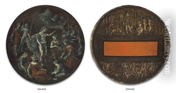 A Parade Shield: Diana And Her Nymphs (+ Diana Surprised By Actaeon And The Death Of Actaeon, Verso) Oil Painting - Girolamo da Treviso the Younger