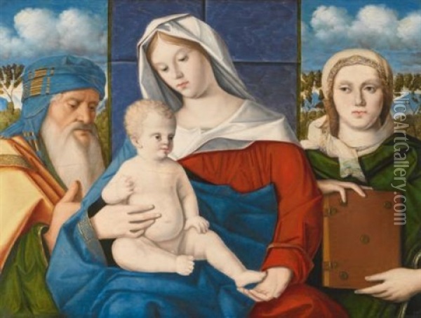 A Sacra Conversazione : The Madonna And Child With Saint Simeon And A Female Saint Oil Painting - Marco Bello