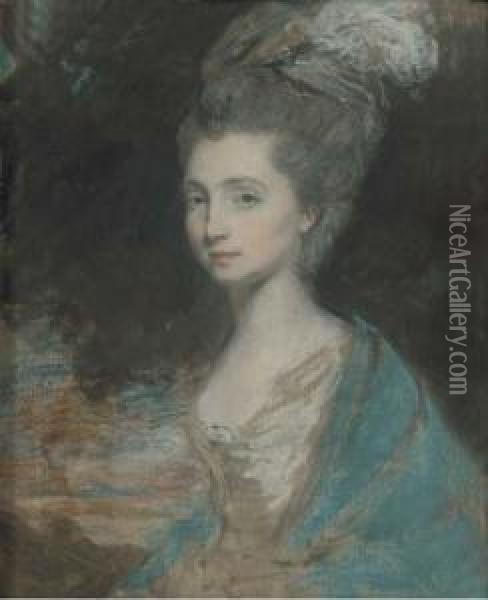 Portrait Of A Lady, Half-length,
 In White Dress And Blue Shawl, With Feathers In Her Upswept Hair Oil Painting - Daniel Gardner