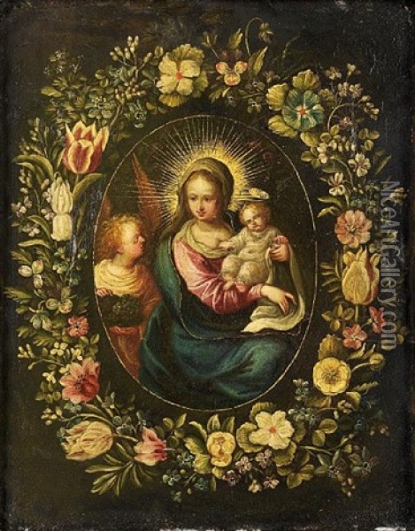 The Madonna And Child With An Angel, Within A Garland Of Flowers Oil Painting - Andries Daniels