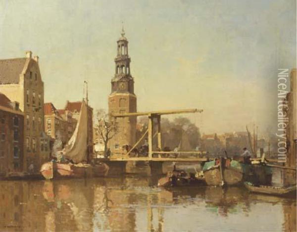 A View Of The Montelbaanstoren And The Oudeschans, Amsterdam Oil Painting - Cornelis Vreedenburgh