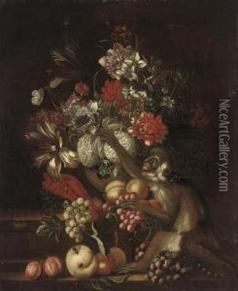 Grapes, Peaches, And Plums On 
Stone Steps With A Monkey, And Chrysanthemums, Narcissi, Snowball 
Hydrangeas, Parrot Tulips And Other Flowers In An Urn Oil Painting - Jakob Bogdani Eperjes C