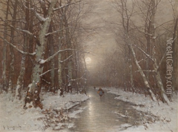 Abendliche Winterlandschaft Mit Einer Reisigsammlerin Oil Painting - Johann Jungblut
