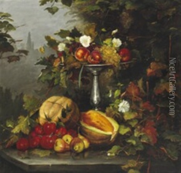 Still Life With Fruit And Flowers In A Silver Centerpiece On A Table Oil Painting - Bertha Wegmann