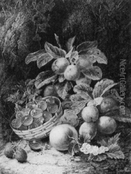 A Still Life Of Plums, Gooseberries, Strawberries And A Peach Oil Painting - Oliver Clare