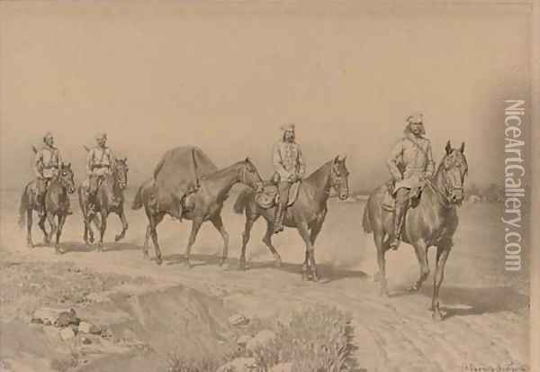 Russian cavalry on a dusty track Oil Painting - Nikolai Dmitrievich Dmitriev-Orenburgsky