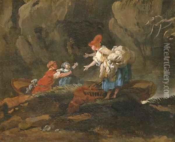 A family disembarking from a boat in a rocky river landscape Oil Painting - Hubert Robert