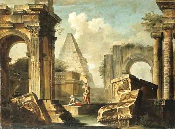 A capriccio of classical ruins with figures Oil Painting - Giovanni Paolo Panini