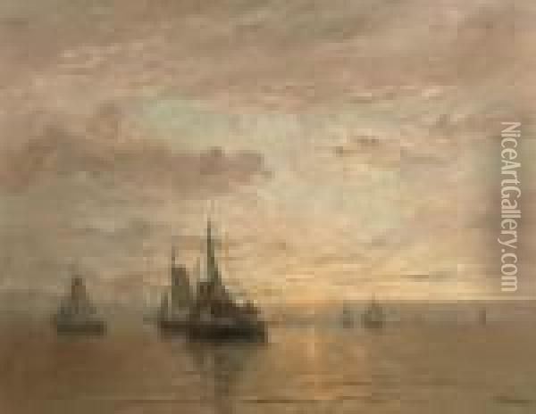 Ondergaande Zon: On A Calm At Sunset Oil Painting - Hendrik Willem Mesdag
