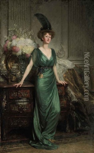 Portrait Of The Hon. Mrs Ernest Guinness, Standing Wearing An Emerald Dress And Feather Oil Painting - Frank Dicksee