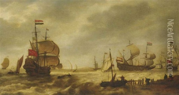 The Departing Dutch Fleet At The Mouth Of A Harbour Oil Painting - Bonaventura Peeters the Elder
