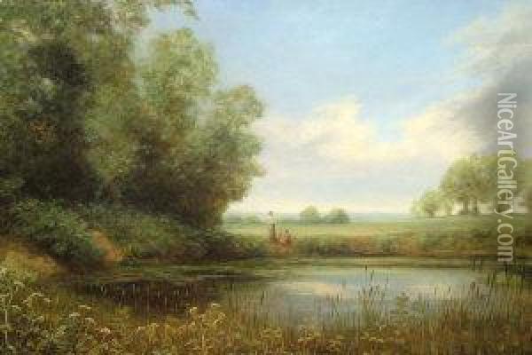 Figures By The Shores Of A River With Woodland And Fields Beyond Oil Painting - James Alfred Turner