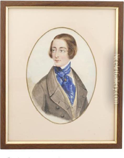 Charles Dickens (1812 1870), Wearing Grey Coat, Pale Yellow Waistcoat, White Chemise, Blue Cravat And Gold Shirt Pin. Oil Painting - Philip Augustus Barnard