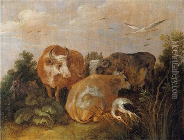 Kuhe Und Storche In Einer Schilfbestandenen Niederung Oil Painting - Gillis Claesz De Hondecoeter